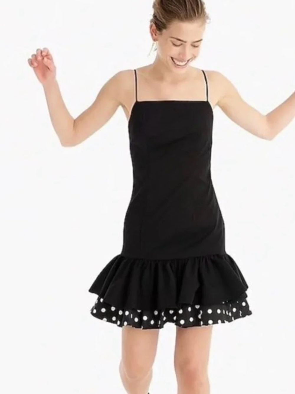 J. Crew Black Spaghetti-Strap Dress with Polka Dot Ruffle